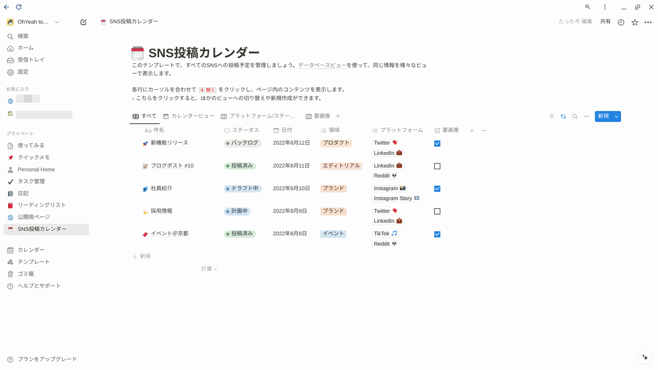 SNS投稿カレンダー利用例