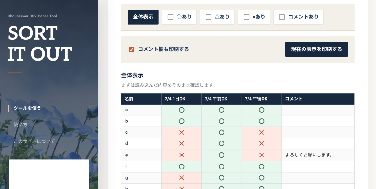 表形式で表示